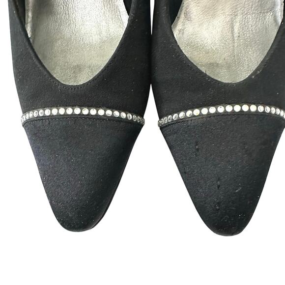 Vintage 80s/90s Stuart Weitzman for Neiman Marcus Black Satin Rhinestone Heels 8 - Picture 3 of 13
